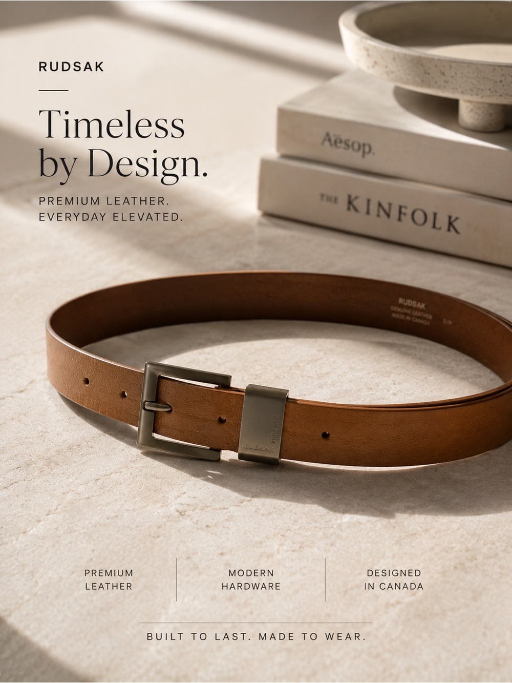 RUDSAK Tan Leather Belt with Brushed Metal Buckle